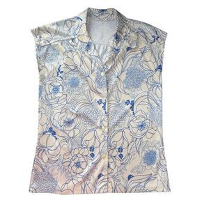Vintage 1950s Nylon Collared Buttondown Blouse Handmade OOAK Blue/ White Floral
